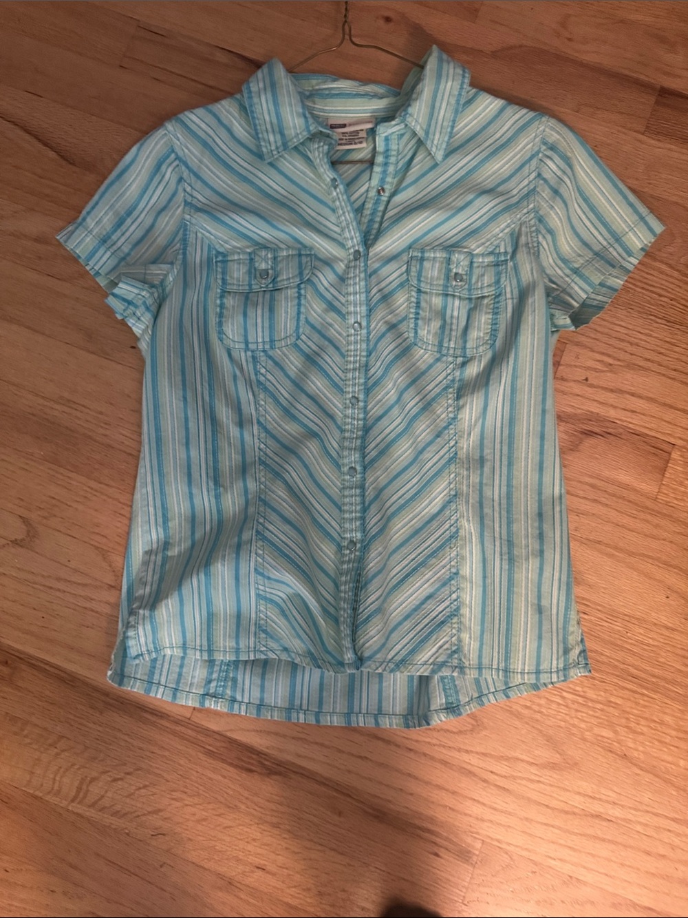 Faded Glory Green, Light Blue & White Striped Short-Sleeve Button-Down